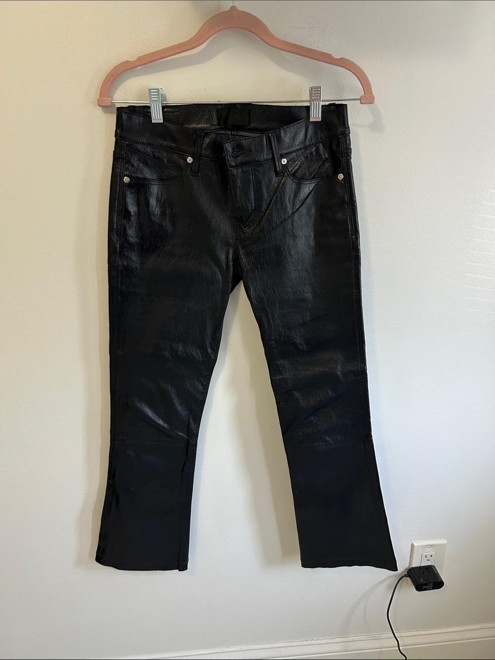 RtA Black Shiny Crinkle Lambskin Stretch Leather Pants
